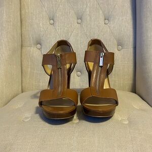 Michael Kors Brown T-Strap Platform Sandals with Front Zip Detail